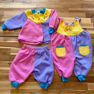 VINTAGE COLOUR BLOCK THREE PIECE BABY SET OVERALLS PANTS SHIRT